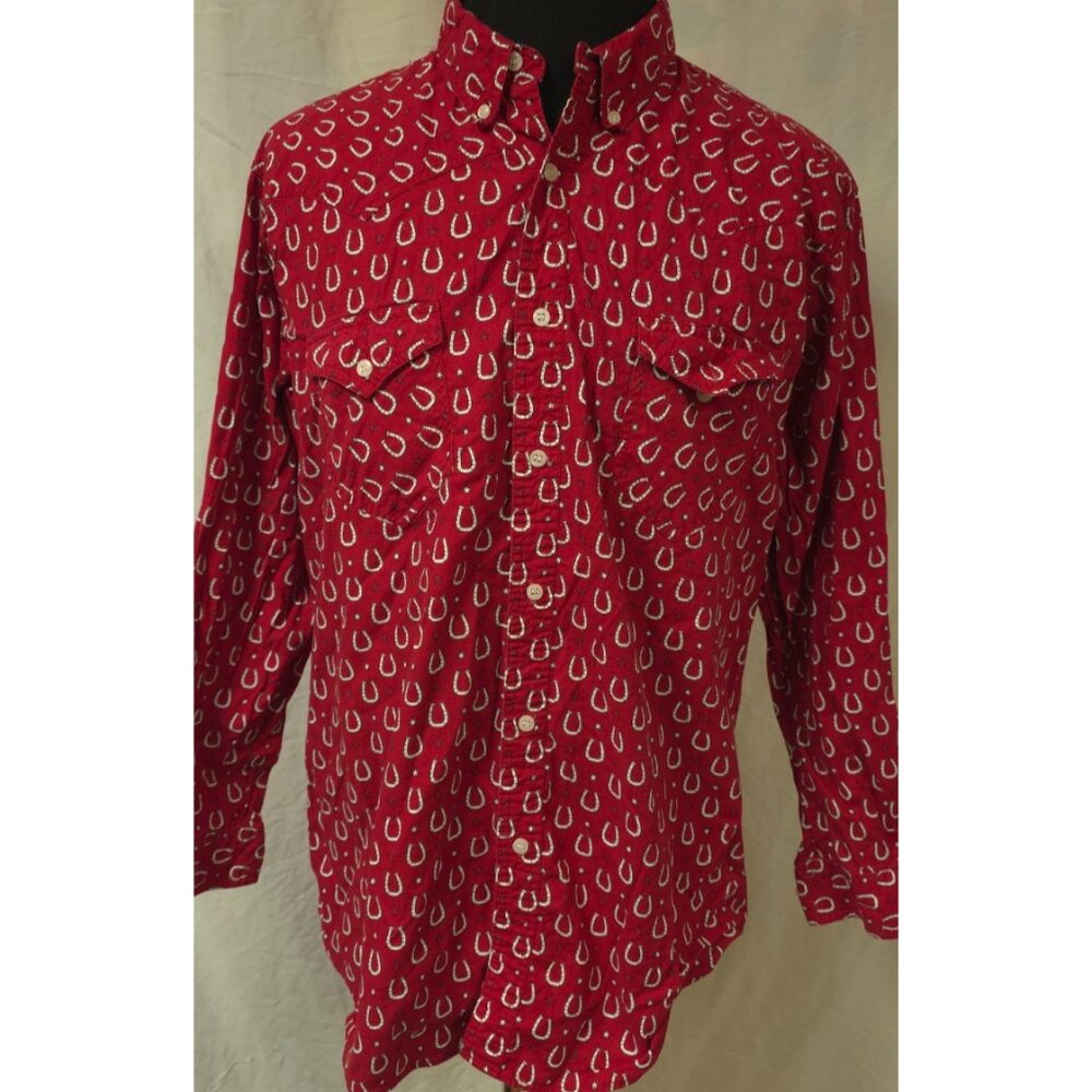 Express Rider Men XL Red Star Horseshoe All Over Print Long Sleeve Western Shirt